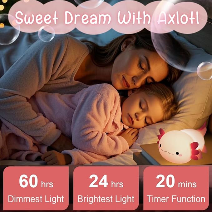 YR YRHH-PET Axolotl Cute Night Light, Kids Squishy Rechargeable Axolotl Lamp, Mom Mothers Day Gifts, Girl Bedside Animal Nightlight, Dimmable Silicone LED Toy Pink Light, Baby Nursery Kawaii Décor