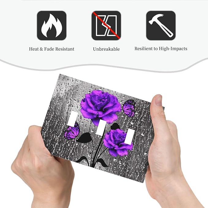 Decorative Rose Art 3 Gang Toggle Light Switch Cover, Purple/Gray Flowers Floral Butterfly Girly Romantic Blossom Triple Toggle Device Switch Face Wall Plate Electrical Decorator Outlet Cover