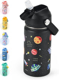 Kids Water Bottle 14oz with Silicone Straw Lid - Insulated Toddler Water Bottle Stainless Steel Keeps Cold 24H, Leak Proof & Universe Stars Prints Design | Custom Name Tag for School, Daycare, Travel