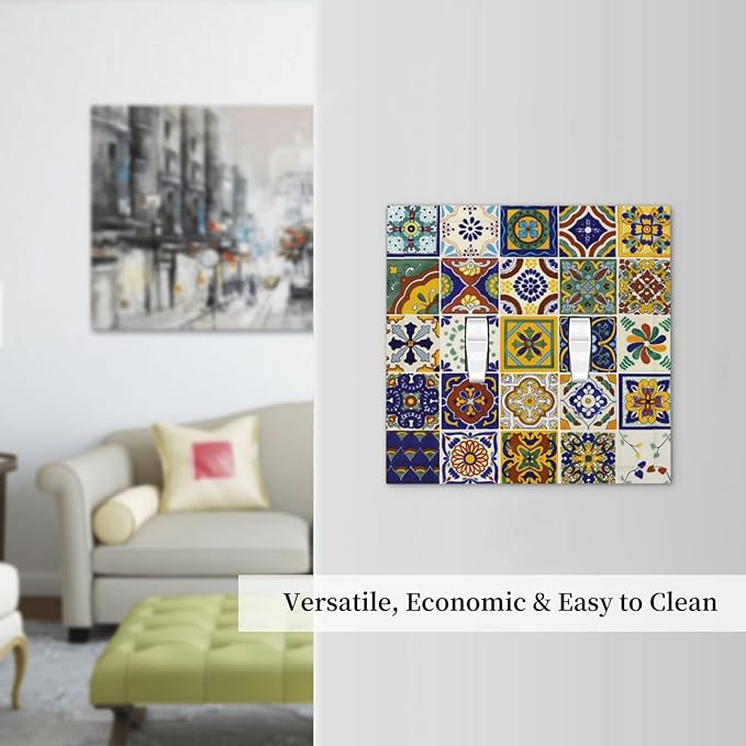 Yellow Talavera Kitchen Mexican Tile Toggle Light Switch Cover Boho Floral Mosaic Ceramic 2-Gang Electrical Decorator Dual Device Face Wallplate Decorative Double Switch Plate Covers Bathroom Decor