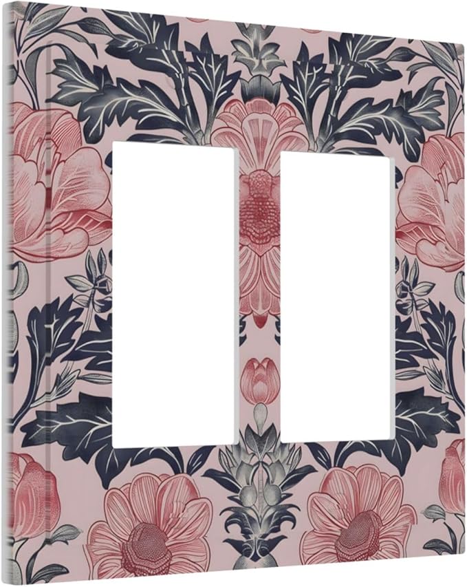 Pink Floral Vintage Botanical Boho Flower Decorative Outlet Covers 2 Gang Double GFCI Rocker Electrical Wall Panels Light Switch Cover Plate for Farmhouse Home Decor