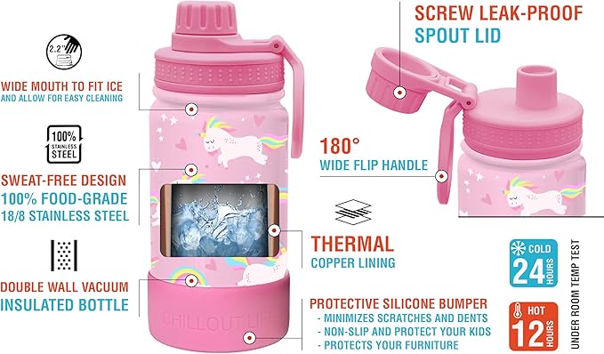 CHILLOUT LIFE 12 oz Kids Insulated Water Bottle for School with Leakproof Spout Lid and Cute Waterproof Stickers, Personalized Stainless Steel Thermos Flask Metal Water Bottle, Pink Unicorn
