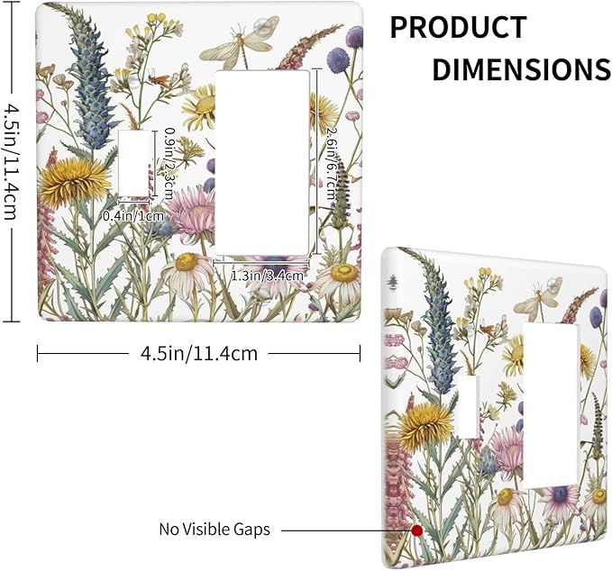 Light Switch Cover Plate Botanical Wildflowers Dragonfly Colorful Floral 2 Gang Combo Wall Plates Toggle Rocker Decorative Switch Plates and Outlet Covers for Bathroom Bedroom Decor