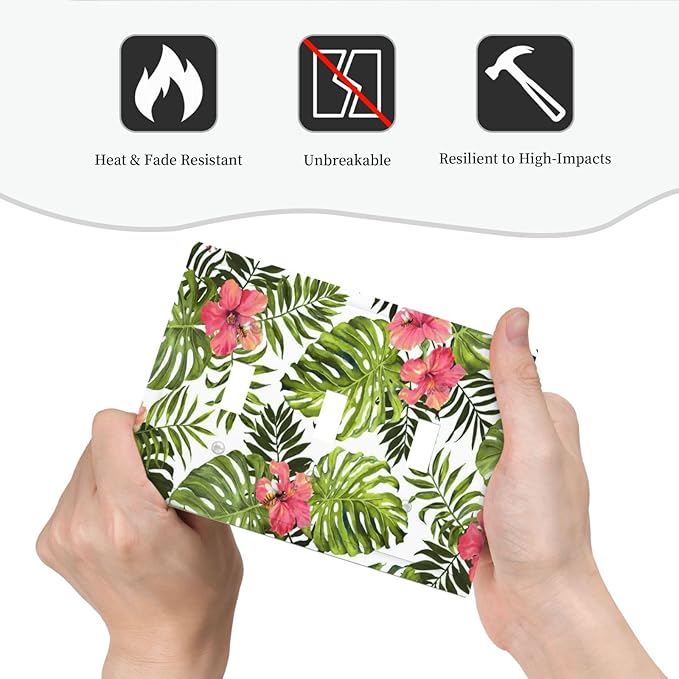 Tropical Plant Green Palm Triple Toggle Light Switch Cover 3 Gang Wall Plate Decorative Banana Leaves Pink Flower Rainfores Jungle Botanical Electrical Facplate for Bathroom Kitchen Home 6.7" x 4.8"