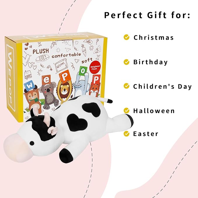 IdeaMeme Cow Weighted Plush, 24" 4.2 lbs Weighted Stuffed Animals, Cute Cow Plush Toy Pillow Gifts for Kids and Adults