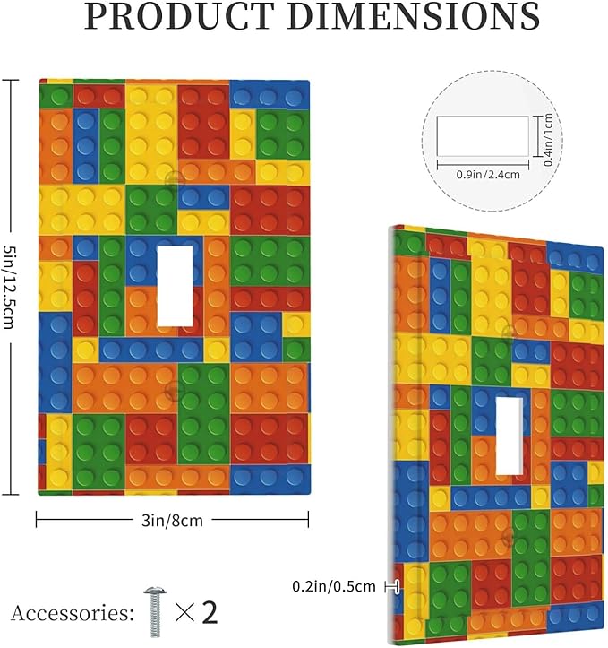 Outlet Covers Colorful Building Block 1 Gang Duplex Light Switch Cover Plate Decorative Wall Plates Electrical Switchplate Receptacle for Kids Room Home Decor（2 Pack）