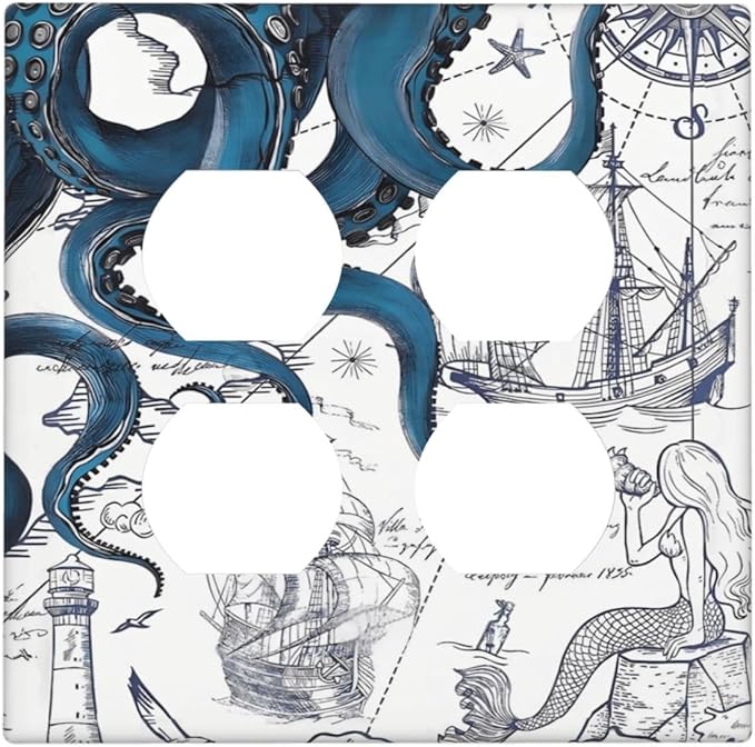 Nautical Vintage Map Octopus Mermaid Lighthouse Boat Outlet Covers 2 Gang Double Duplex Decorative Light Switch Covers Electrical Wallplates Socket Faceplate for Bathroom Kids Room Decor