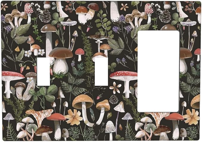 Black Boho Moth Botanic Mushroom 3-Gang 2-Toggle 1-GFCI/Decorator Combination Light Switch Decorative Triple Combo Device Switches/Rocker Outlet Covers and Wall Plate