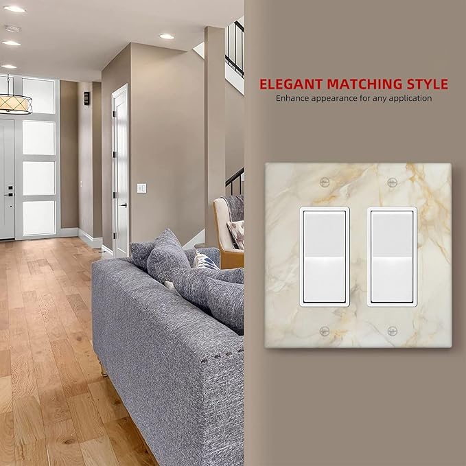 Decorative Outlet Covers Beige Gold Marble Abstraction Morden Art 2 Gang Double Rocker Light Switch Cover Decorative Switch plates Electrical Wallplates GFCI Receptacle for Kitchen Bathroom