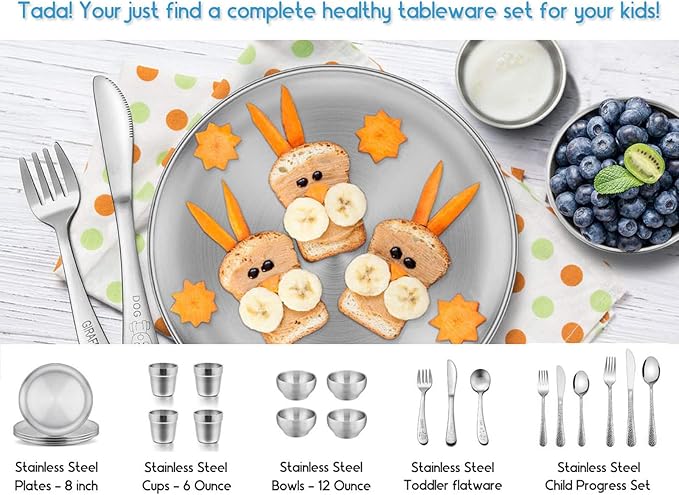 12 Piece Kids Utensils Silverware Set, E-far Stainless Steel Hammered Toddler Cutlery Child Flatware Progress Set, Small Adult Diet Tableware Include Fork Spoon Knife, Mirror Finished, Dishwasher Safe