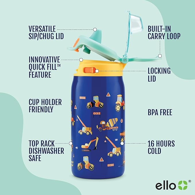 Ello Kids Pop & Fill 12oz Toddler Water Bottle with Quick Fill Lid, Double-Wall Vacuum Insulated Stainless Steel, Leak Proof, BPA Free, Sip & Chug, For School, Lunchboxes, Construction Site