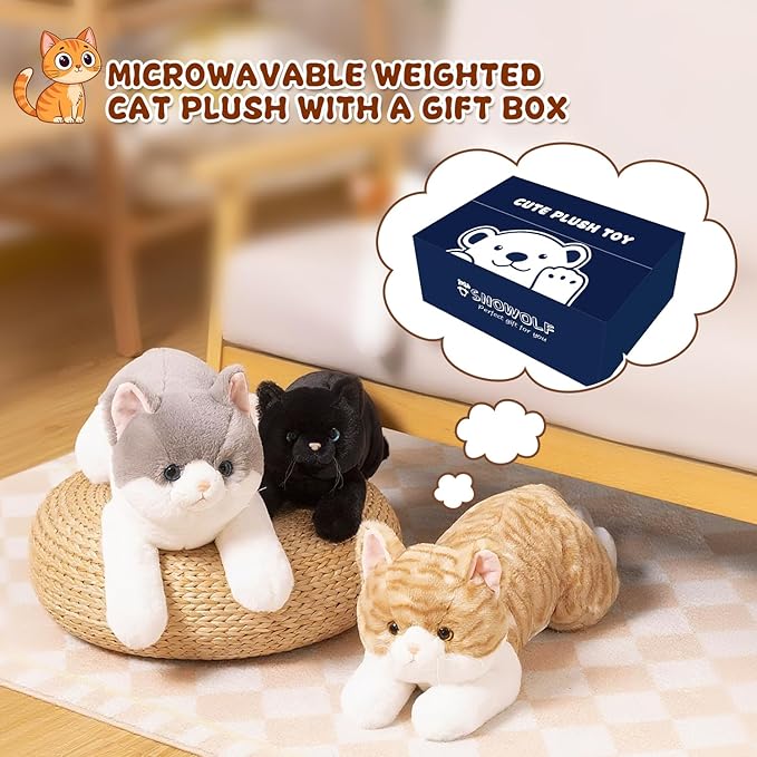 SNOWOLF Microwavable Weighted Stuffed Animals Cat, Heating Pad Plushies Grey Cat, Heated Plush Toy with Himalayan Salt for Warmth & Comfort, Cute Soft Kitten Doll Gift for Boys, Girls, Women, 1.5 LBs