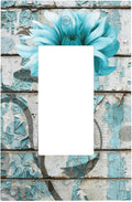 Vintage Floral Single Rocker Switch Cover - 1-Gang Standard US Size Rustic Farmhouse Teal Flower Distressed Brick Light Switch Covers for Bedroom Bathroom Decor