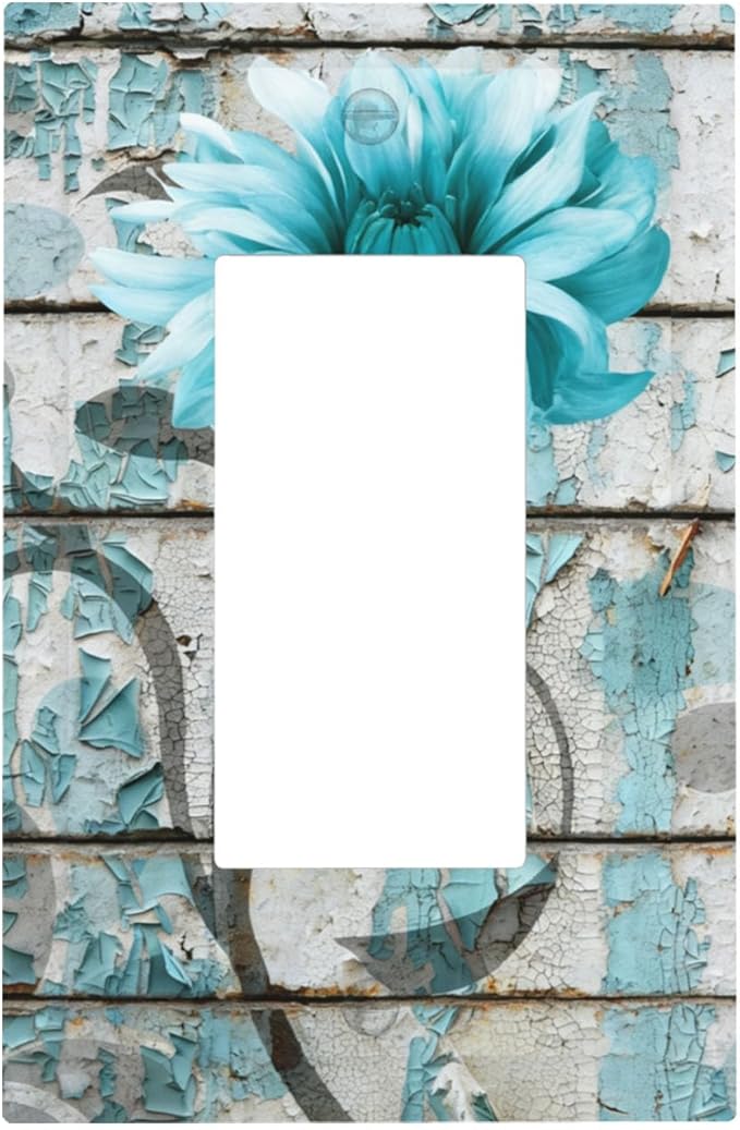 Vintage Floral Single Rocker Switch Cover - 1-Gang Standard US Size Rustic Farmhouse Teal Flower Distressed Brick Light Switch Covers for Bedroom Bathroom Decor