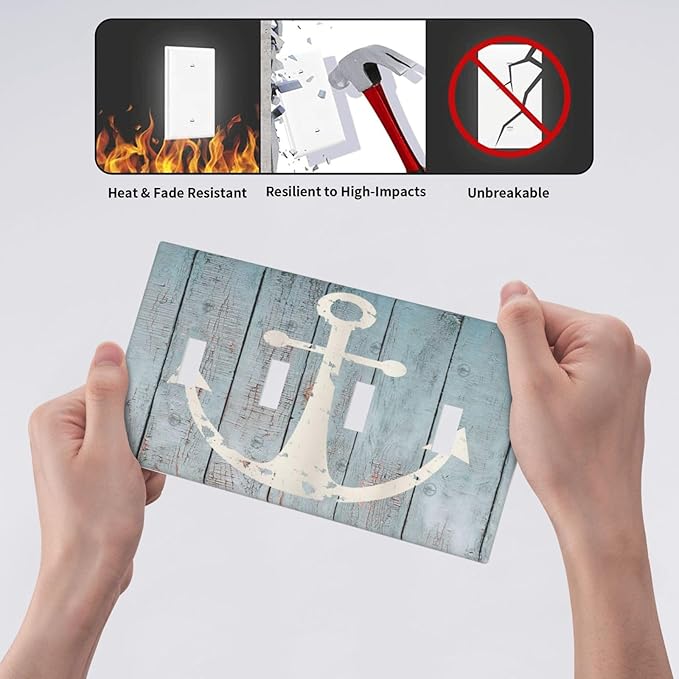 Anchor Rustic Sailing Nautical Wooden Planks Marine Light Switch Covers Quad Toggle Electrical Faceplate 4 Gang Wall Plate Decorative Switch Plates Cover for Bathroom Farmhouse Decor