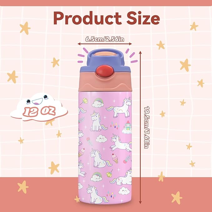 12oz Girl Water Bottle with Straw Lid & Handle - Unicorn Leak Proof Water Bottles Kids, Double-Wall Stainless Steel Pop-top Lid Pink Kids Insulated Bottles for School, Gift Cup for Kid