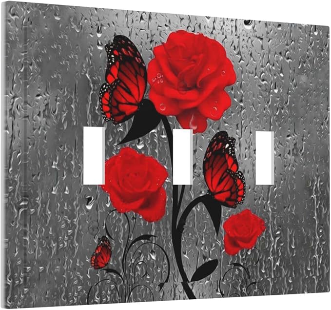 Butterfly Red Rose Flower 3 Gang Triple Toggle Light Switch Wall Plate Cover Decorative Electrical Faceplate For Girls Bathroom Home Living Room Decorate 6.7" x 4.8