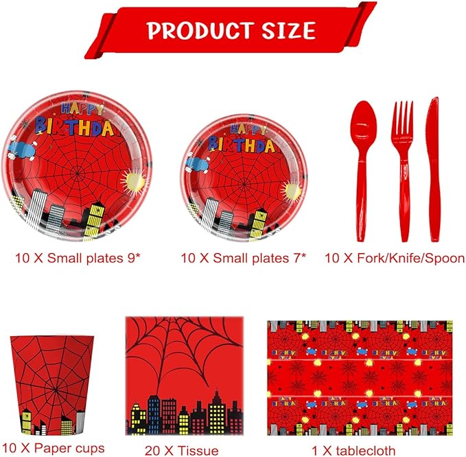 81Pcs Cartoon Spider Birthday Party Supplies,Red Spider Set Tableware Plates Napkins Cups Knives Spoons Forks