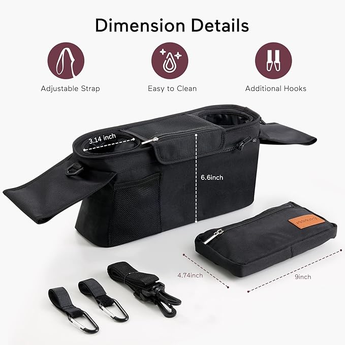 Momcozy Universal Stroller Organizer with Insulated Cup Holder Portable Stroller Fan, 27H Ultra-long Battery Life, Detachable 4 Speed 360°Rotate, LED Night Light with 2 Modes