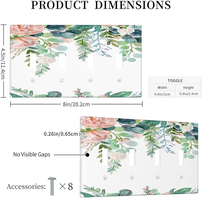 Green Eucalyptus Leaves Floral Watercolor Flower Light Switch Covers Quad Toggle Electrical Faceplate 4 Gang Wall Plate Decorative Switch Plates for Bed Room Living Room Decor