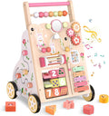 Wooden Baby Walker, Push Walker with Wheels, Montessori Activity Center Walker for Toddlers 12+ Months, Adjustable Height & Speed Learning Walking Toy for 1 Year Old Boys and Girls (Pink)