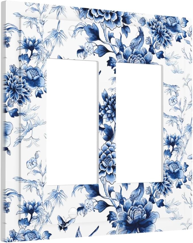 Blue Flower White Floral Plant Bird Butterfly Decorative Outlet Covers 2 Gang Double GFCI Rocker Electrical Wall Panels Light Switch Cover Plate for Bedroom Living Room Decor