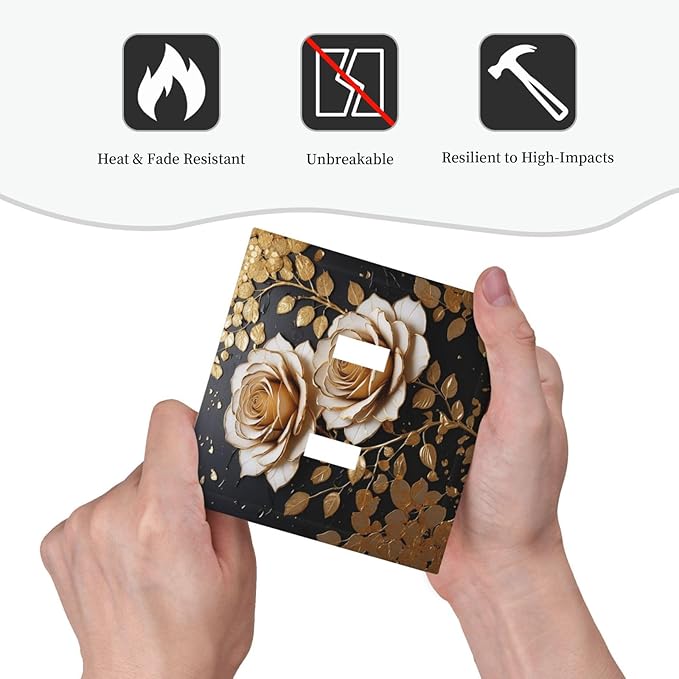 Decorative Light Switch Plate Covers Big Golden White Roses Glod Leaves Black Background 2 Gang Wall Plate Double Toggle Switch Cover Plate Electric Dual Device Electrical Faceplate
