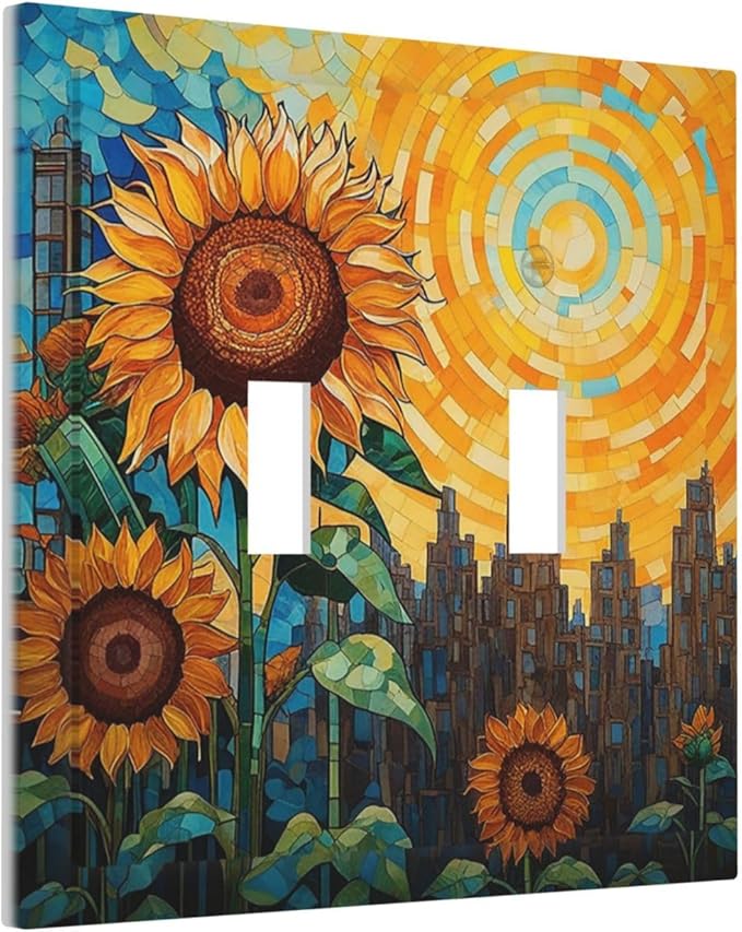 Abstract Sunflower Graffiti Floral Paint Art Flower Decorative Switch Plates 2 Gang Double Toggle Wall Plate Electrical Faceplate Outlet Light Switch Cover for Bedroom Living Room Decor