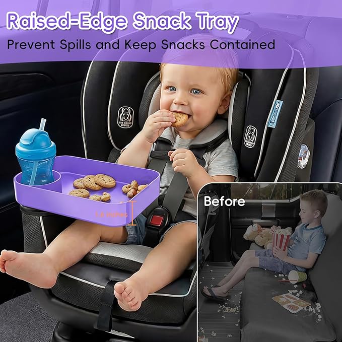 Kids Car Seat Tray, Travel Tray with Cup Holder for Toddler Baby, Kids Car Seat Food Snack Organizer for Road Trip, Stroller Snack Organizer Travel Must Haves Toddler Must Haves (Purple, 1 Pack)