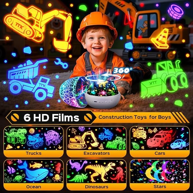 PIKOY Excavator Toys Night Light Projector【15 Sounds & 6 Films】Kids Construction Toys Truck Night Lights [31 Colors & Remote] Dinosaur Egg Light for Nursery Boys Kids Toddler Birthday Gifts 1-10 Years