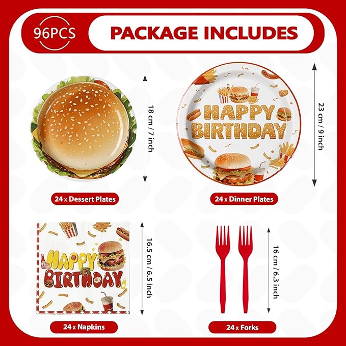 Grencian 96Pcs BBQ Birthday Party Decoration Fast Food Hamburger Plates and Napkins Disposable Barbecue Supplies Picnic Tableware for Food Themed Birthday Party Decorations Serves 24