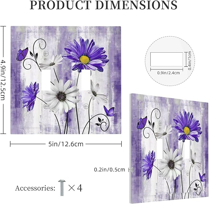 Decorative Light Switch Cover Plate Rustic Purple Daisy Butterfly Boho White Floral 2 Gang Wall Plate Cover Double Toggle Switch Plate Covers Electric Dual Device Electrical Faceplate