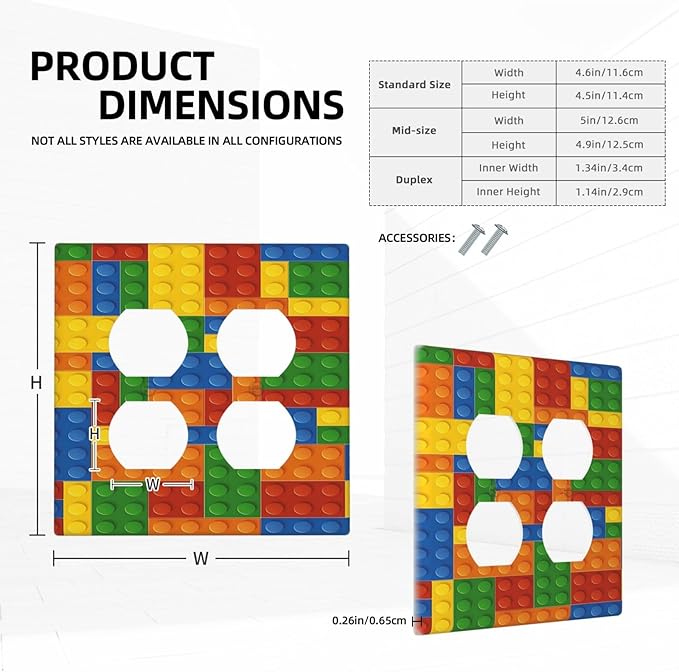 Outlet Covers Colorful Building Block 2 Gang Decorative Light Switch Cover Double Duplex Wall Plates Switch Plates Electrical Socket Covers for Kids Room Home Decor