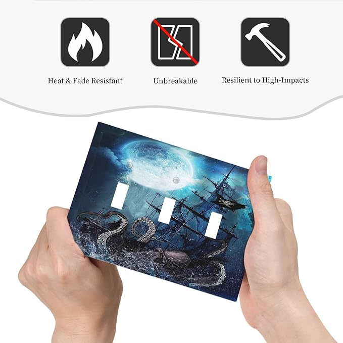 Starry Moon Night Ocean Nautical Octopus 3 Gang Light Switch Plates Decorative Triple Toggle Wall Plate Monster Pirate Ship Outlet Cover Electrical Faceplate Boy Man Room Cool Decorate