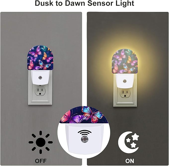 Magic Glowing Butterflies Night Light for Kids,Colorful Flying Butterfly Plug in Night Light with Dusk to Dawn Sensor, 0.5w Energy Saving Nightlight for Hallway Stairway Kitchen Bedroom