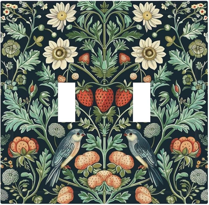 Light Switch Cover Plate Strawberry Birds Flowers Plant Morris Floral 2 Gang Double Toggle Decorative Switch Plates Wall Plates Electrical Faceplate for Bathroom Bedroom Decor
