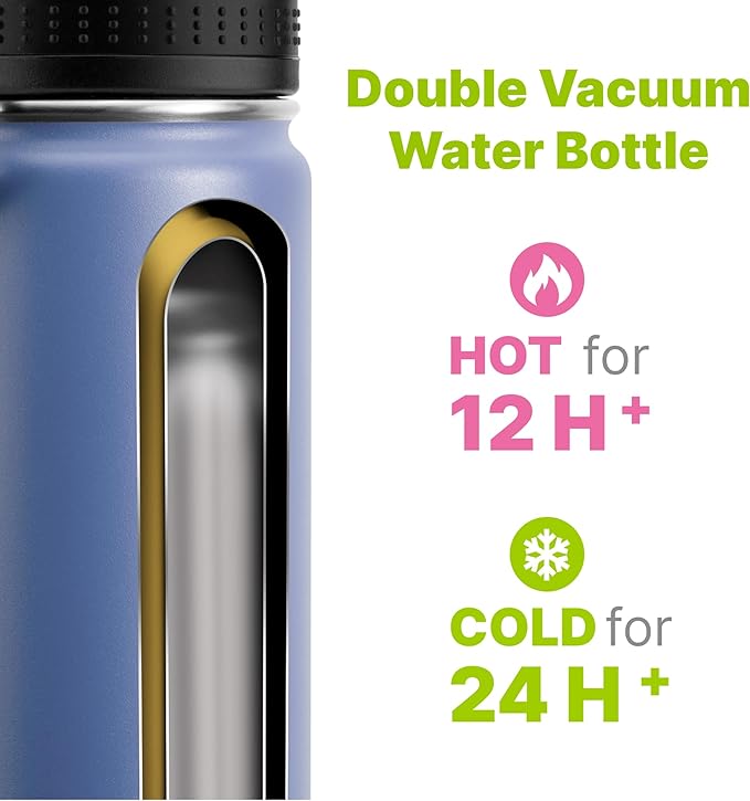 Kids Water Bottle 2 Pack-16 oz Stainless Steel Double Wall Vacuum Insulated Wide Mouth Sports Water Bottle Flask with Leakproof Spout Lid (Royal Blue-Purple)