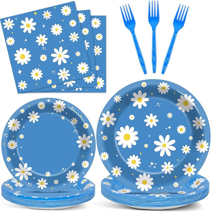 Justforjoyful 96Pcs Daisy Birthday Party Supplies Groovy Flower Paper Plates and Napkins Spring Floral Disposable Dinner Dessert Tableware Set for Blue Baby Shower Birthday Party Decorations Serve 24