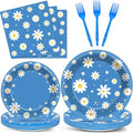Justforjoyful 96Pcs Daisy Birthday Party Supplies Groovy Flower Paper Plates and Napkins Spring Floral Disposable Dinner Dessert Tableware Set for Blue Baby Shower Birthday Party Decorations Serve 24