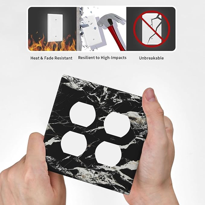 Black Marble Patterns Low Key Luxurious Outlet Covers 2 Gang Double Duplex Decorative Light Switch Covers Electrical Wallplates Socket Faceplate for Bathroom Kitchen Decor