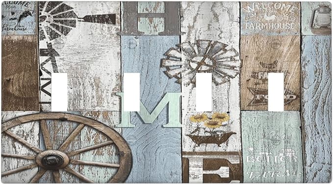 Rustic Western Barn Door Vintage Windmill Light Switch Covers Quad Toggle Electrical Faceplate 4 Gang Wall Plate Decorative Switch Plates Cover for Farmhouse Home Decor