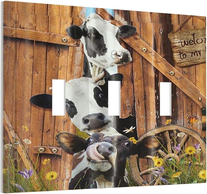 Decorative Switch Plate Covers Farm Cow Farmhouse Barn Door Rustic Vintage Wooden 3 Gang Light Switch Cover Country Wildlife Funny Triple Toggle Wall Plate Electrical Faceplate