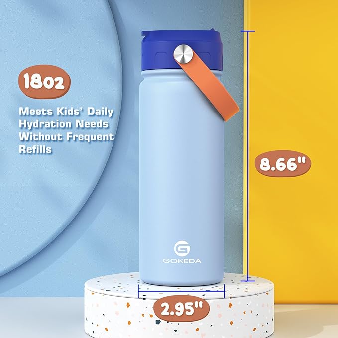 GoKEDA 18oz Kids Water Bottle, Insulated Bottles with Stickers, 18/8 Stainless Steel Vacuum Leak Proof Straw Cup for School, Gifts for Boys Girls(DarkGreenBlue)