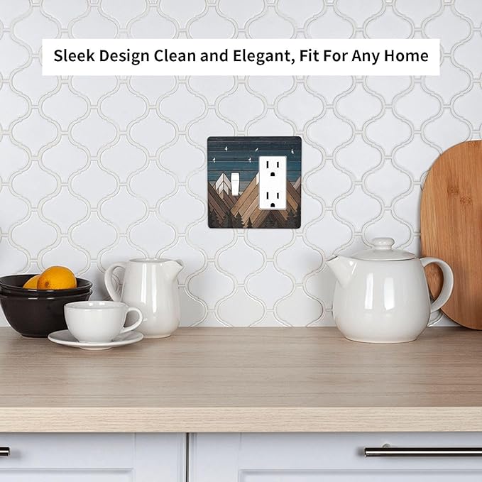 Rustic Geometric Mountain Wilderness Wood 2 Gang Toggle Rocker Combo Wall Plates Decorative GFCI Device Outlet Cover Receptacle Electrical Faceplate Switchplate for Bedroom Bathroom Kitchen Decor