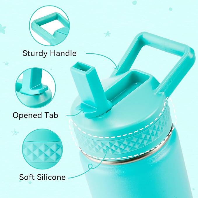 Fijinhom 12 oz Kids Water Bottle, Toddler Water Bottle with Straw, Boys&Girls Bottle for School, 304 Stainless Steel Vacuum Insulated Bottle for Kids, BPA-Free, Leak-Proof, Mint Green