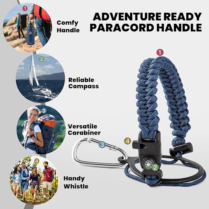 RAYMYLO Insulated Water Bottle 87 oz, Triple Wall Vacuum Stainless Steel (Cold for 48 Hrs), Leak Proof & Non-BPA, Modern Water Flask Jug with Paracord Handle & Straw Spout Lids, Navy Blue
