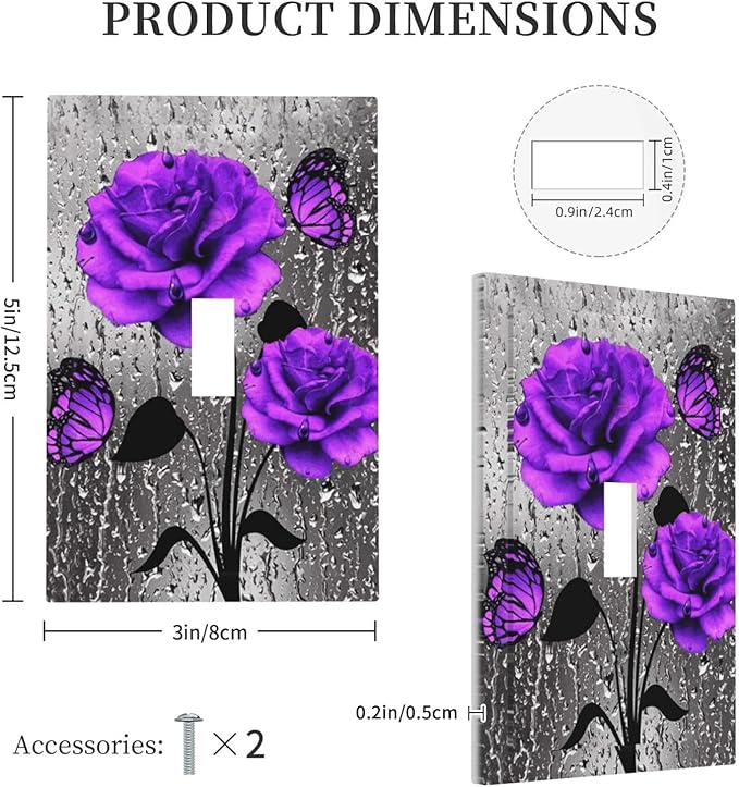 Purple Rose Butterfly Print Decorative Light Switch Cover 1-Gang Romantic Gray Blossom Flowers Floral Raindrops Art Single Toggle Wall Plate Electrical Device Outlet Switch Faceplate Cover Jumbo Size