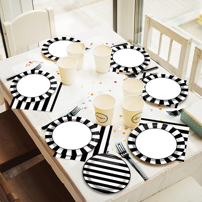 200pcs Black and White Party Plates Napkins Forks Striped Theme Party Tableware Set Black White Party Disposable Paper Dessert Dinnerware Kids Adults Wedding Party Baby Shower Decor Supplies Serves 50