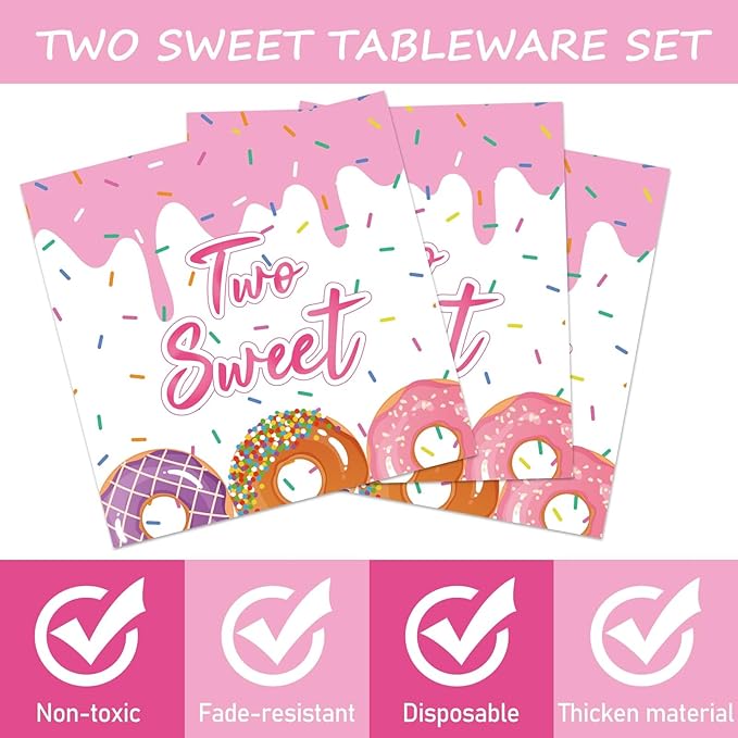 ZOIIWA 96 Pcs Two Sweet Donut Birthday Party Supplies Girls Donut Themed Tableware Table Decor Baby Girl 2nd Birthday Paper Plates Napkins Disposable Dinnerware Party Favor for Baby Shower 24 Guests