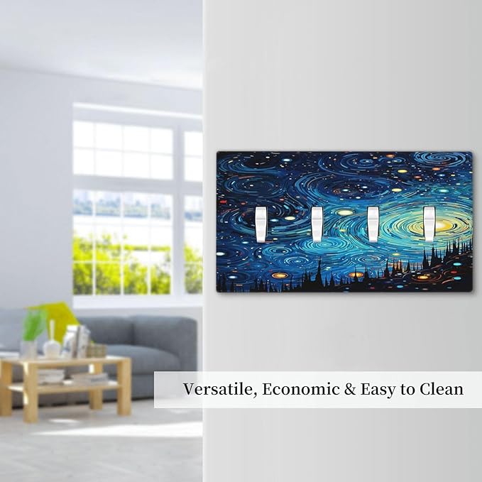 Light Switch Cover Plate Abstract Starry Night Style 4 Gang Quad Toggle Wall Plate Electrical Outlet Cover Decorative Switch Plate Covers for Home living Room Decor